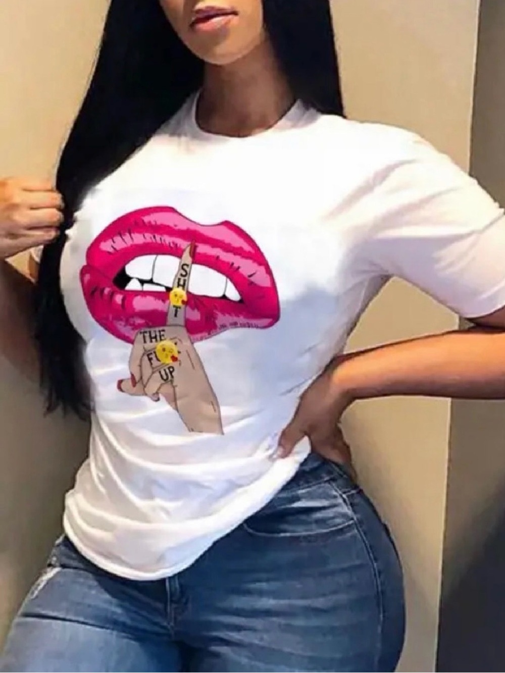 NWOT White Graphic Tee with Pink Lip & Shh Finger